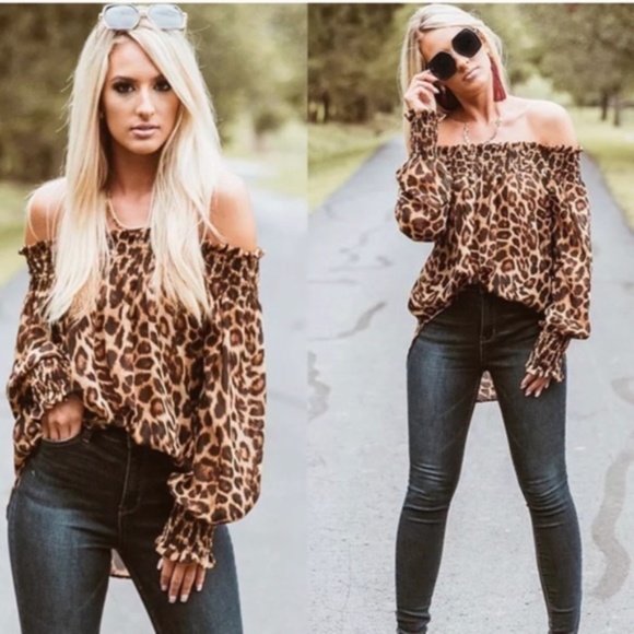 Bohemian Brown Leopard Print Off Shoulder Sheer Blouse - Picture 3 of 4